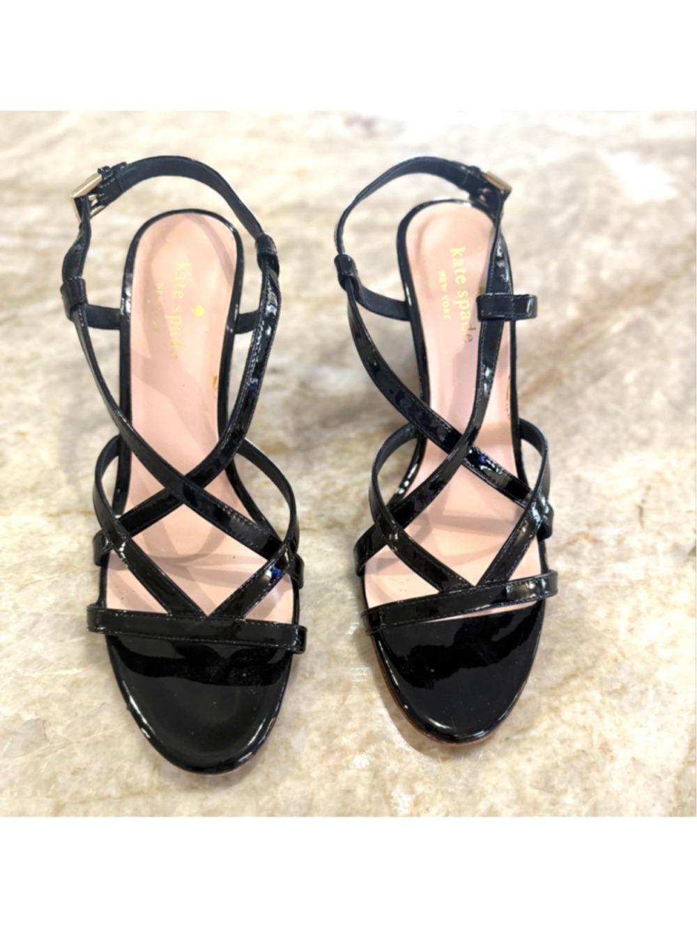 Kate Spade Black Patent Leather Wedge Sandals 8.5, straps, buckle,